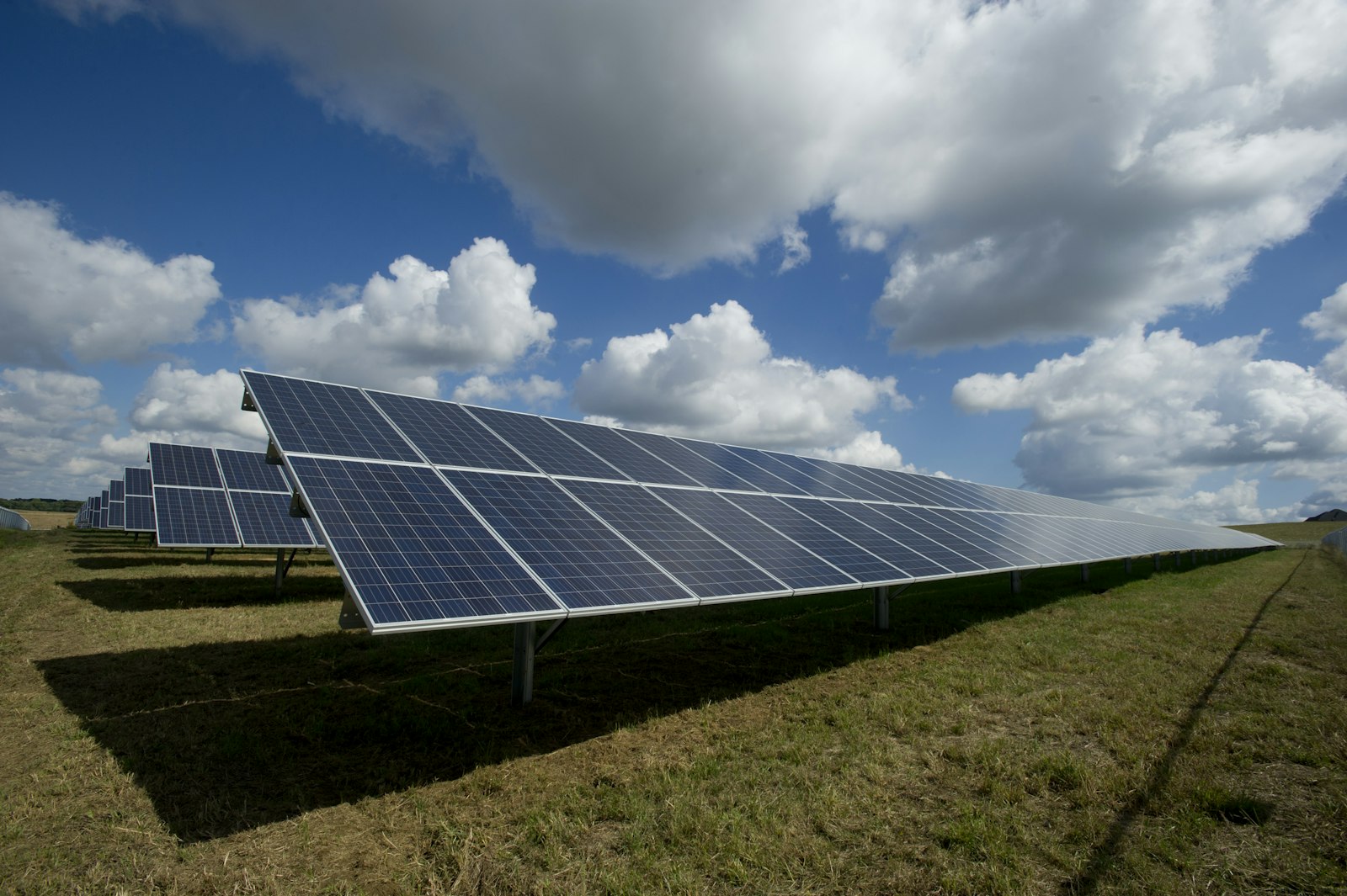 Rows of solar panels in a field under a bright sky